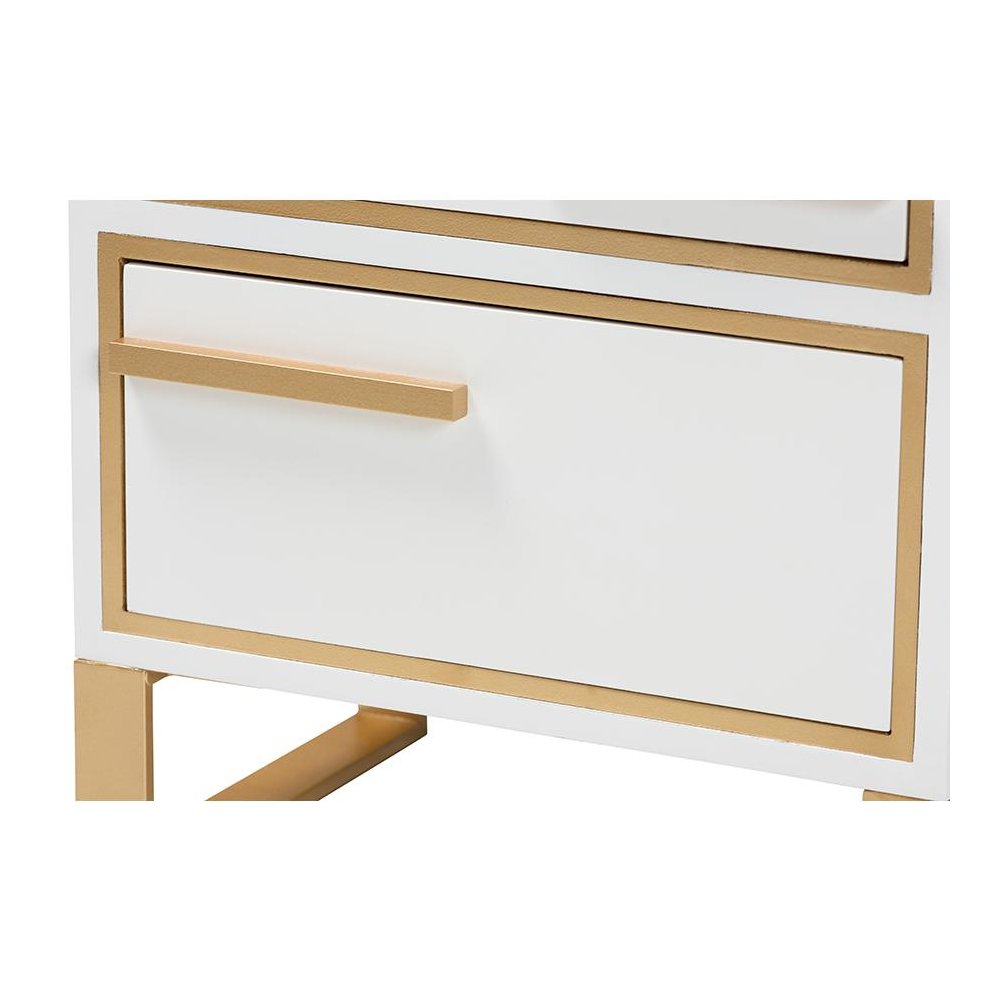Baxton Studio Giolla Contemporary Glam and Luxe White Finished Wood and Gold Metal 2-Drawer Nightstand. Picture 5