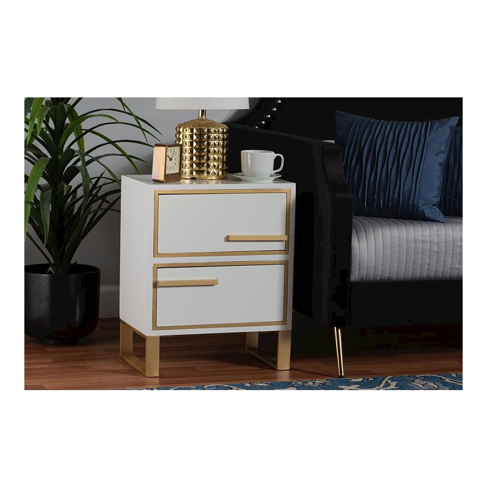 Baxton Studio Giolla Contemporary Glam and Luxe White Finished Wood and Gold Metal 2-Drawer Nightstand. Picture 8