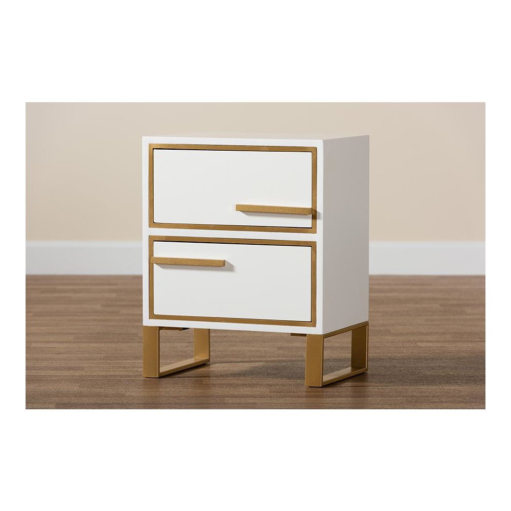 Baxton Studio Giolla Contemporary Glam and Luxe White Finished Wood and Gold Metal 2-Drawer Nightstand. Picture 9