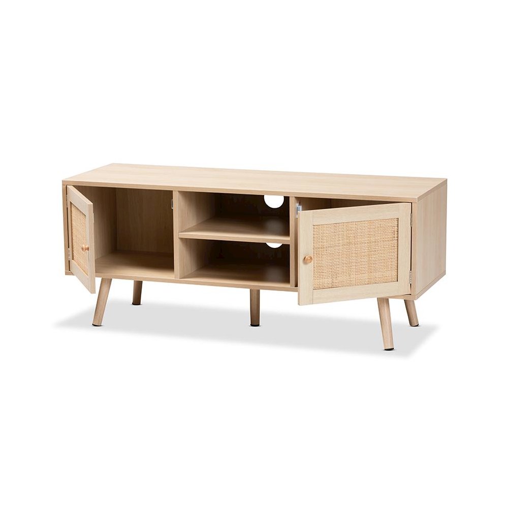 Mid-Century Modern Light Brown Finished Wood 2-Door TV Stand with Natural Rattan. Picture 4