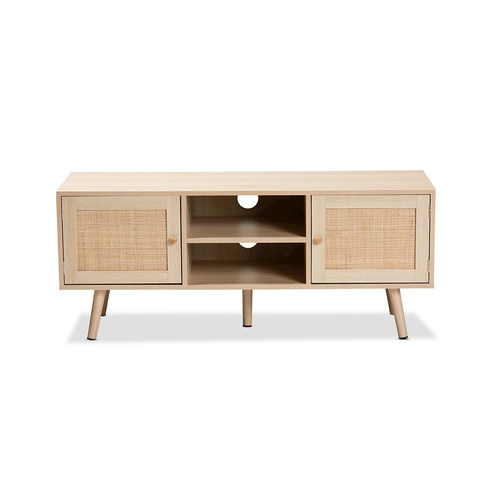 Mid-Century Modern Light Brown Finished Wood 2-Door TV Stand with Natural Rattan. Picture 5