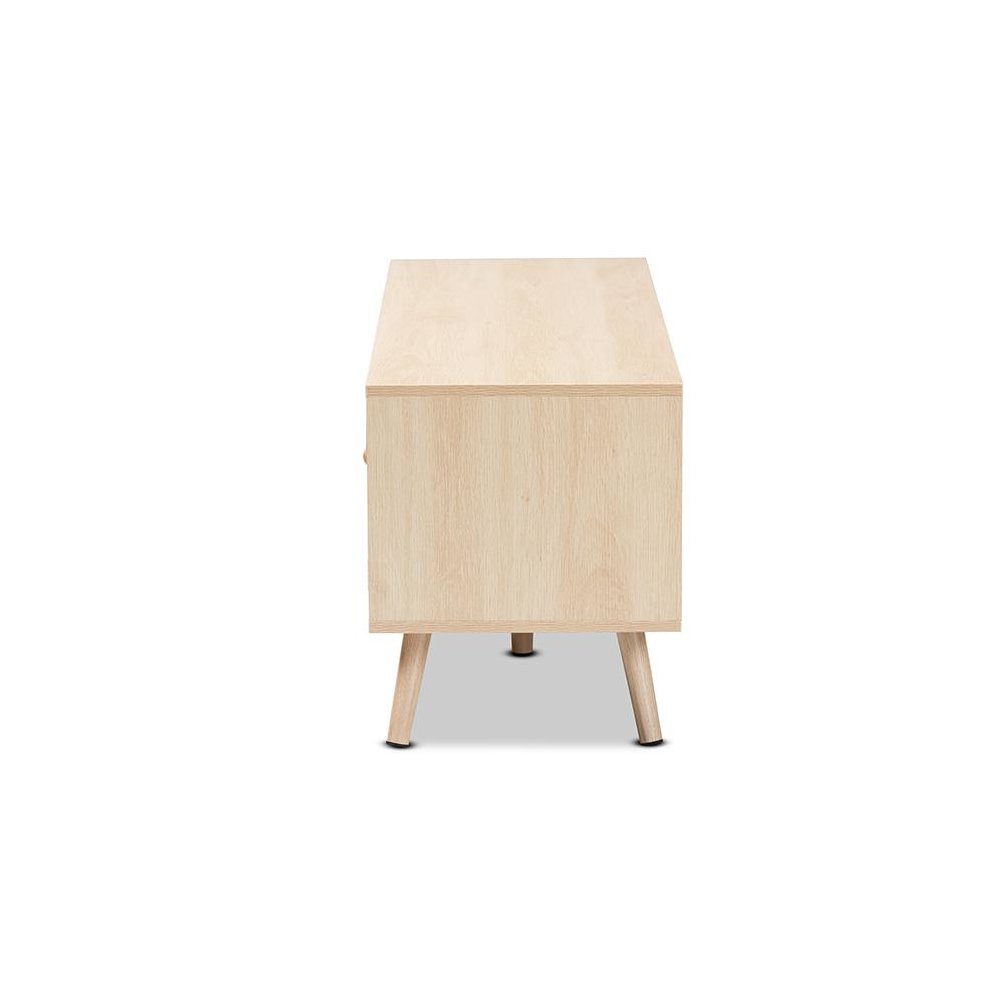 Mid-Century Modern Light Brown Finished Wood 2-Door TV Stand with Natural Rattan. Picture 6