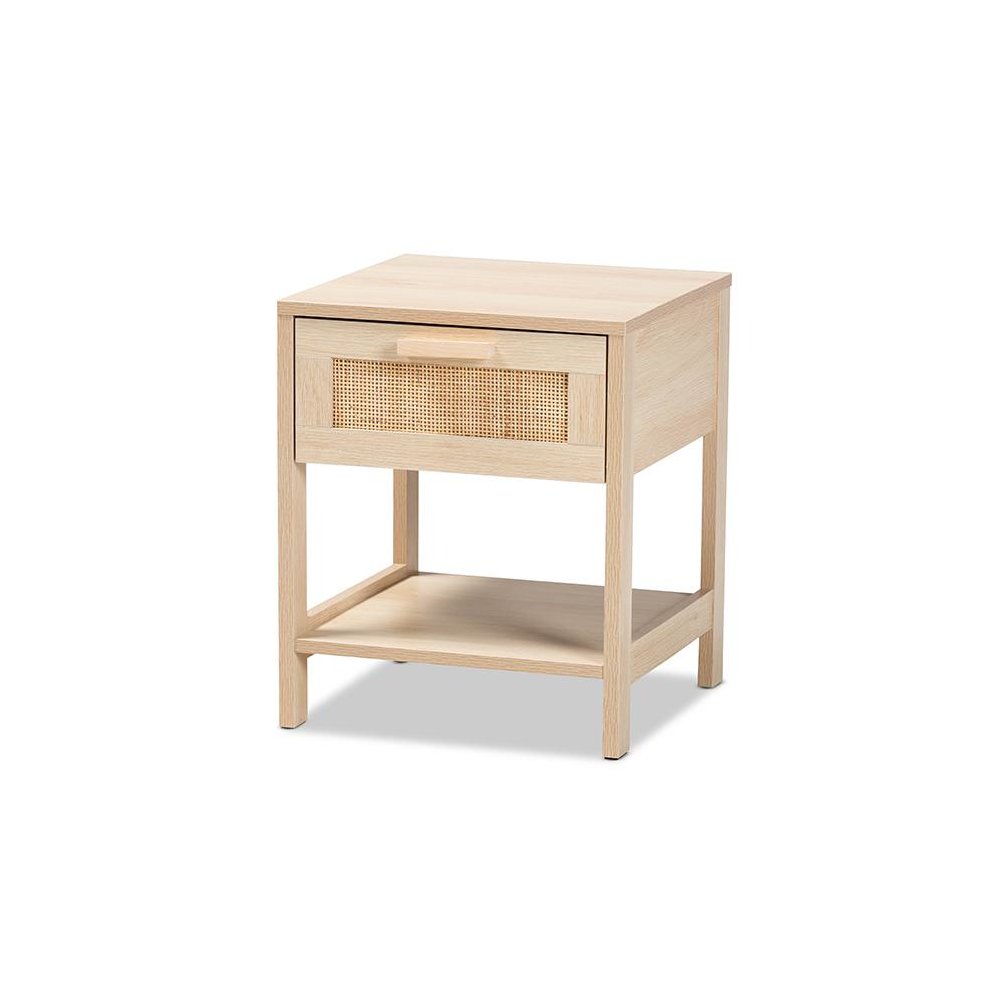 Baxton Studio Sebille Mid-Century Modern Light Brown Finished Wood 1-Drawer Nightstand with Natural Rattan. Picture 1