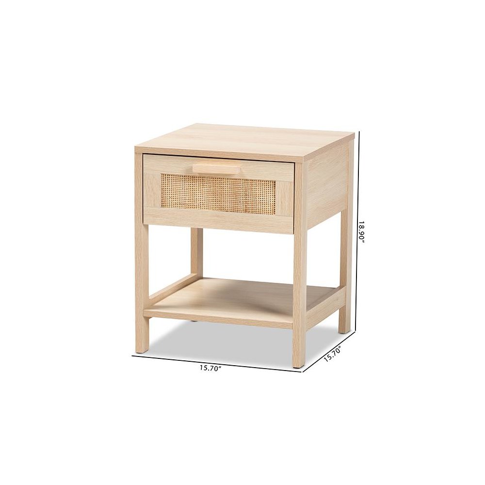 Baxton Studio Sebille Mid-Century Modern Light Brown Finished Wood 1-Drawer Nightstand with Natural Rattan. Picture 10