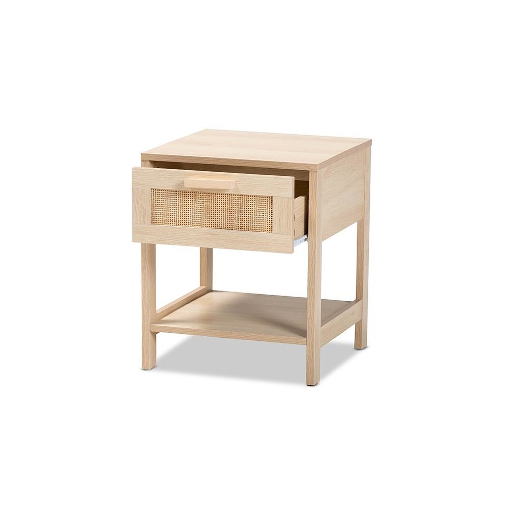 Baxton Studio Sebille Mid-Century Modern Light Brown Finished Wood 1-Drawer Nightstand with Natural Rattan. Picture 2