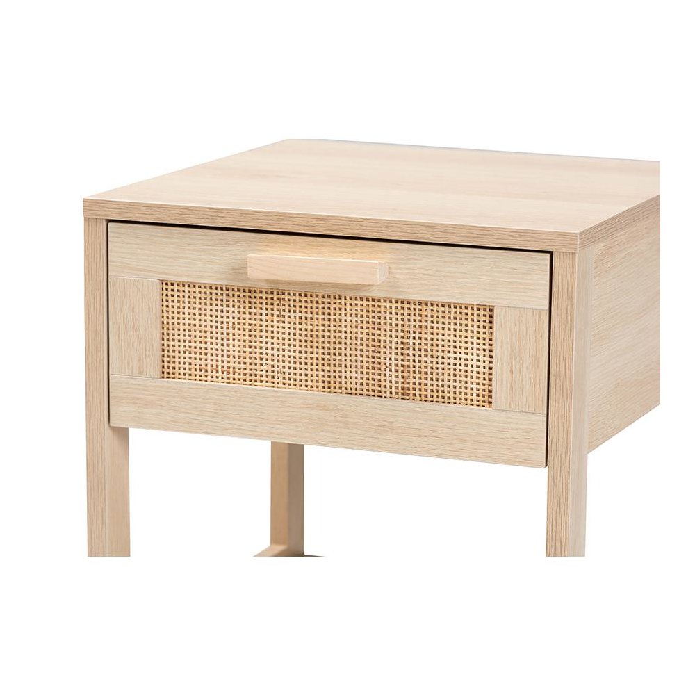 Baxton Studio Sebille Mid-Century Modern Light Brown Finished Wood 1-Drawer Nightstand with Natural Rattan. Picture 5