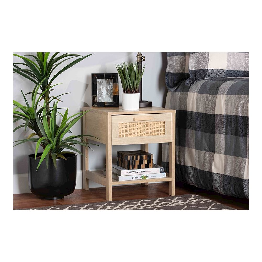 Baxton Studio Sebille Mid-Century Modern Light Brown Finished Wood 1-Drawer Nightstand with Natural Rattan. Picture 8