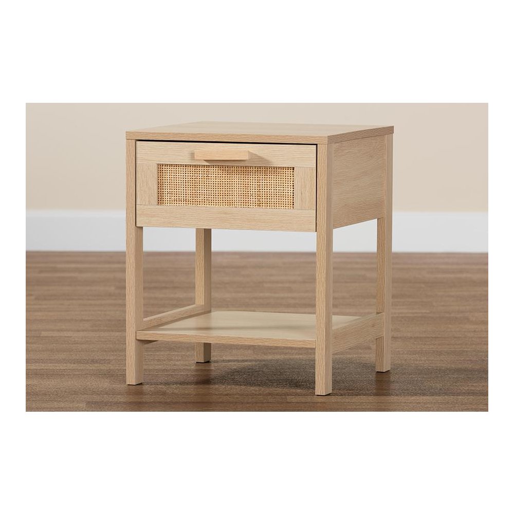 Baxton Studio Sebille Mid-Century Modern Light Brown Finished Wood 1-Drawer Nightstand with Natural Rattan. Picture 9