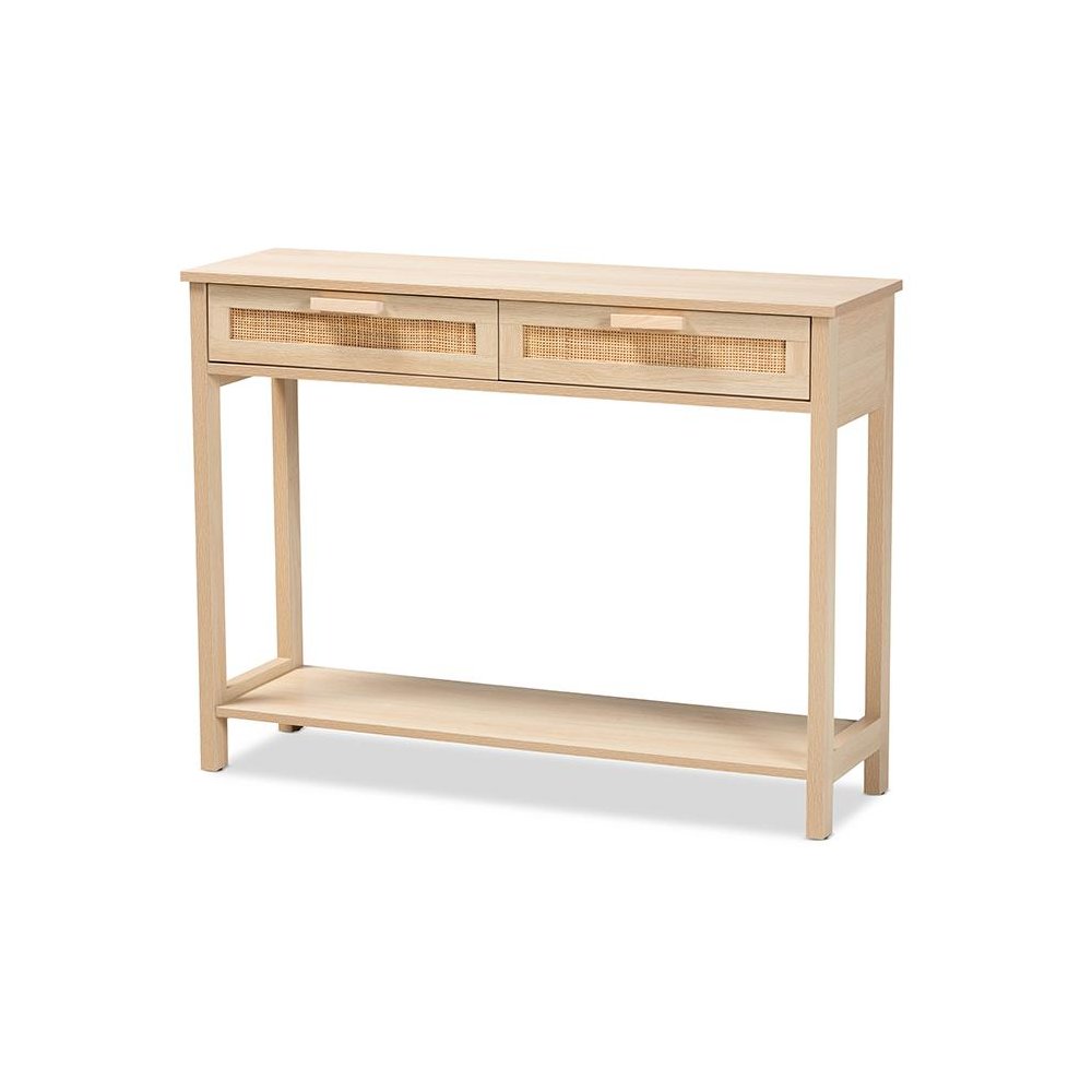 Light Brown Finished Wood 2-Drawer Console Table with Natural Rattan. Picture 1