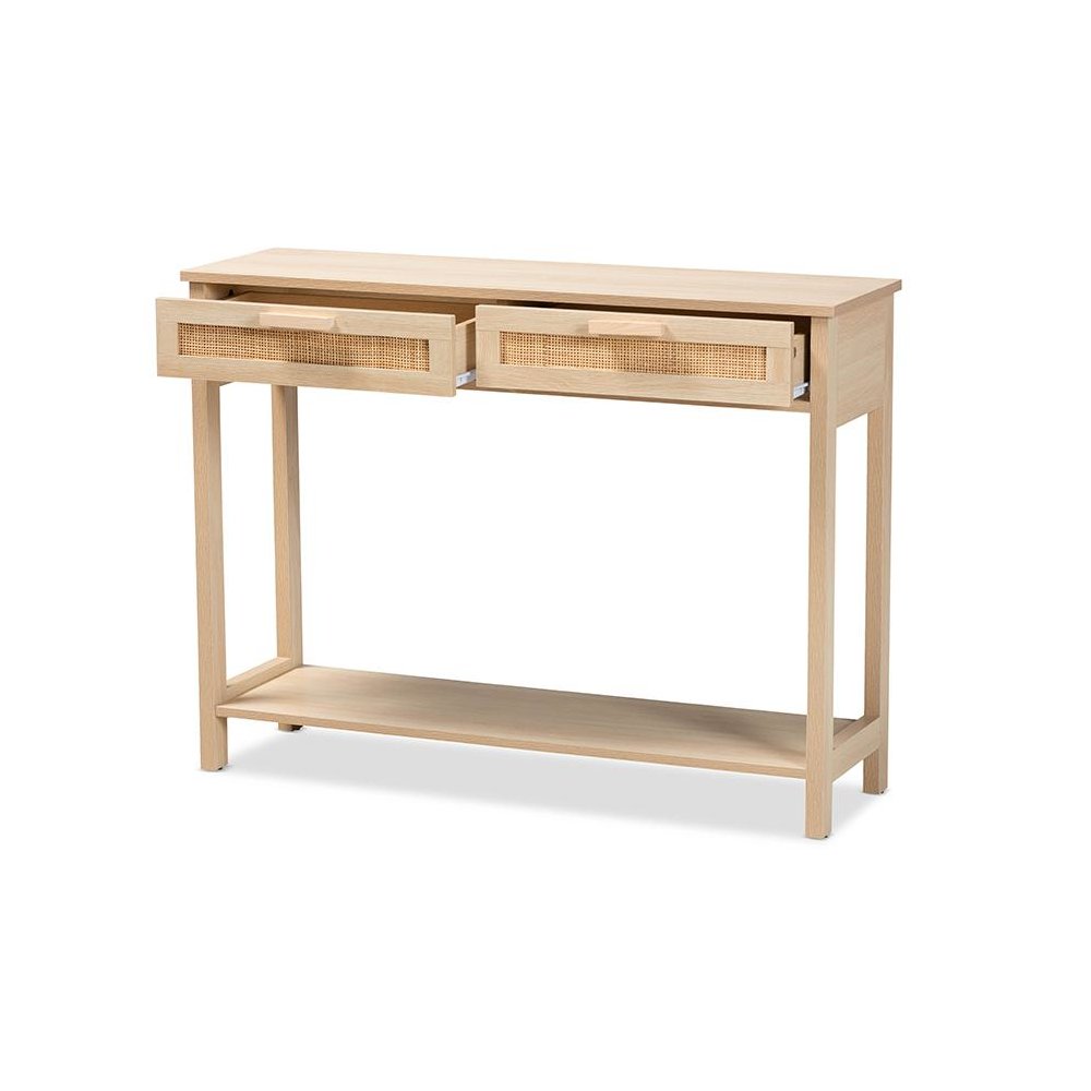 Light Brown Finished Wood 2-Drawer Console Table with Natural Rattan. Picture 2