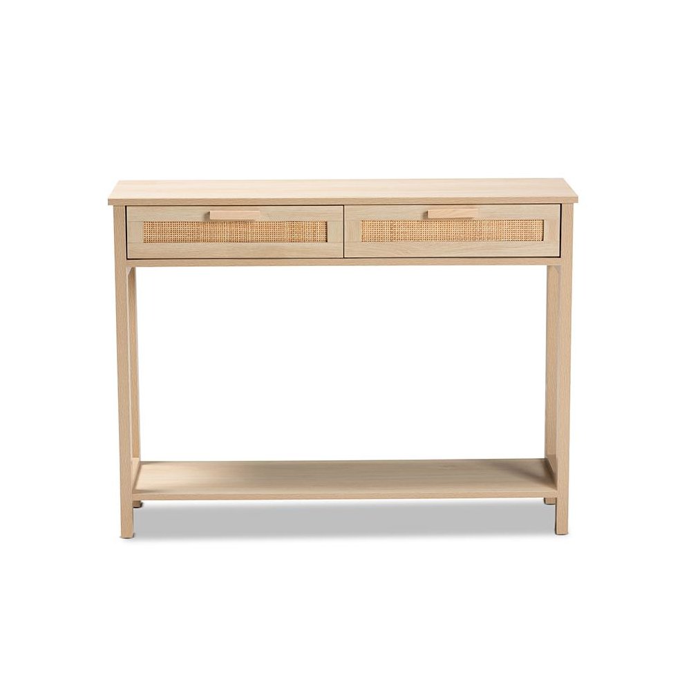 Light Brown Finished Wood 2-Drawer Console Table with Natural Rattan. Picture 3