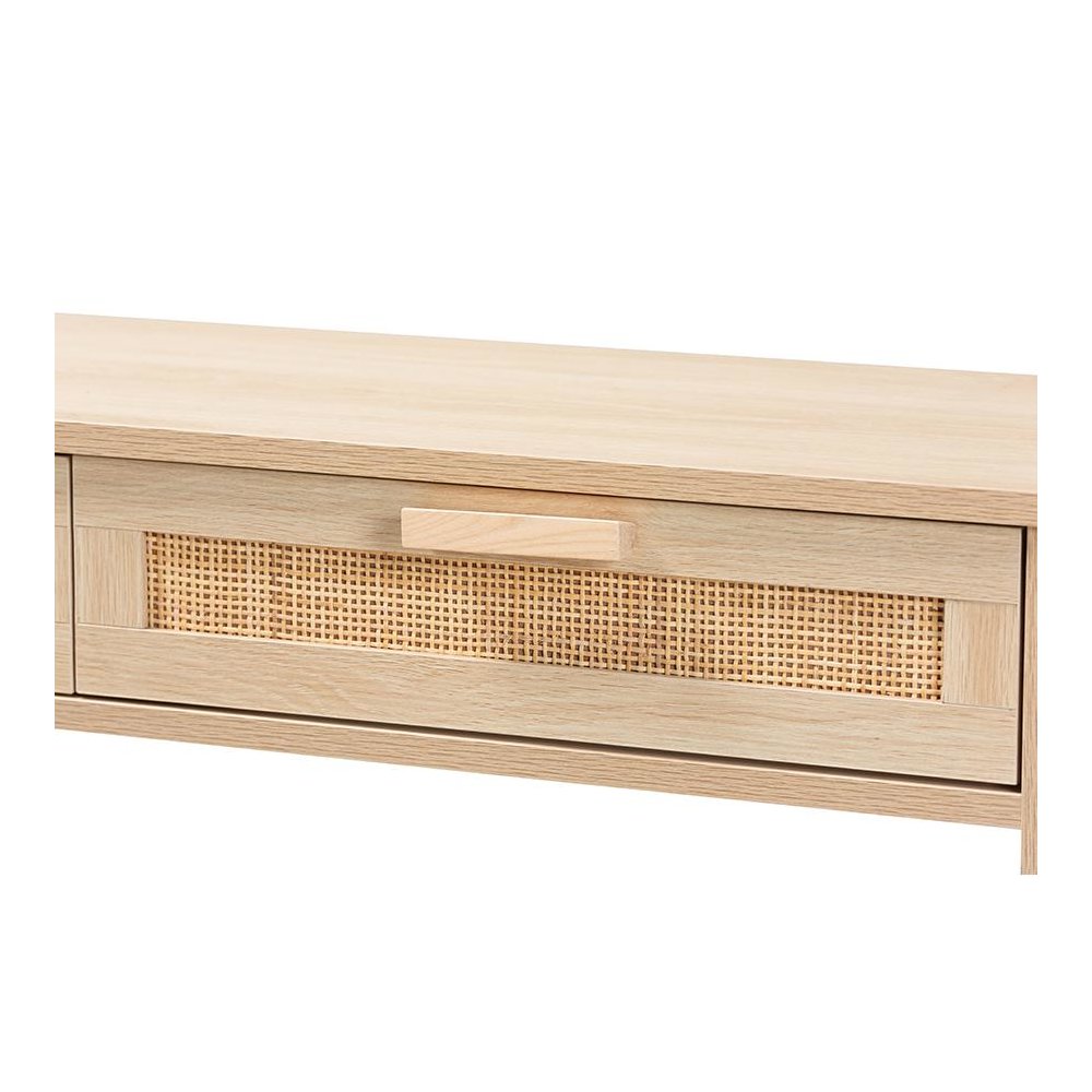 Light Brown Finished Wood 2-Drawer Console Table with Natural Rattan. Picture 5