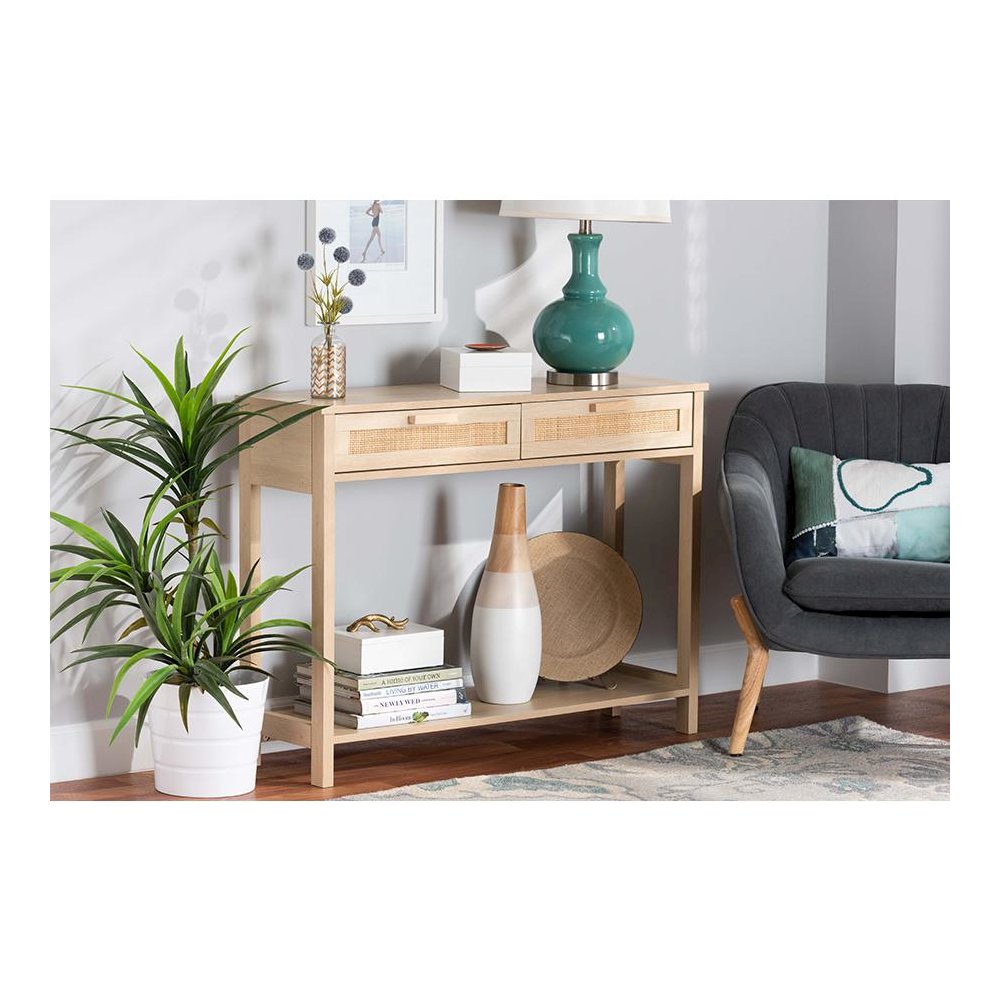 Light Brown Finished Wood 2-Drawer Console Table with Natural Rattan. Picture 8