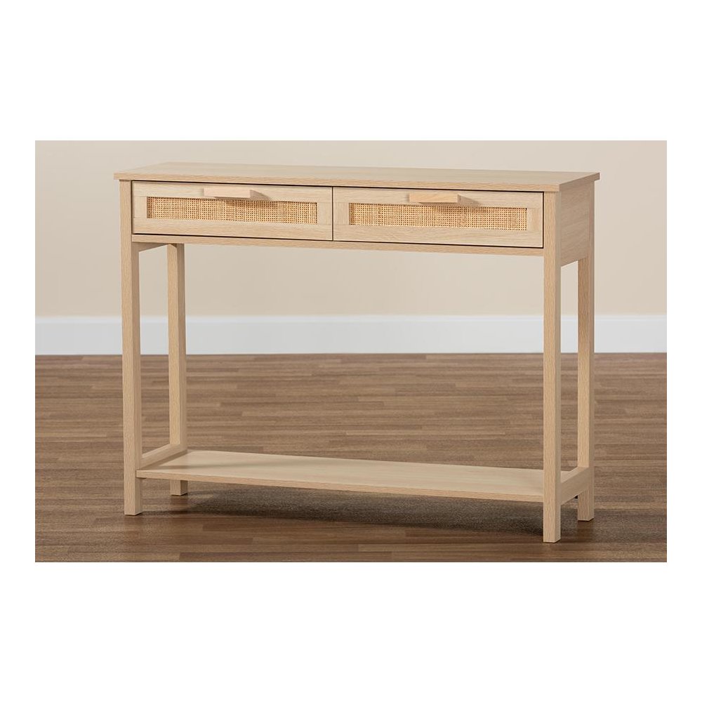 Light Brown Finished Wood 2-Drawer Console Table with Natural Rattan. Picture 9