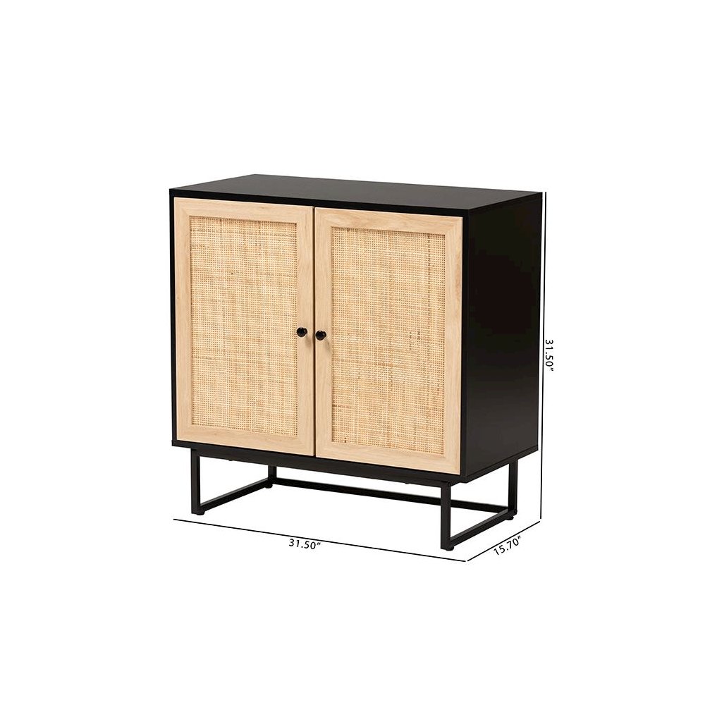 Espresso Brown Finished Wood and Natural Rattan 2-Door Storage Cabinet. Picture 10