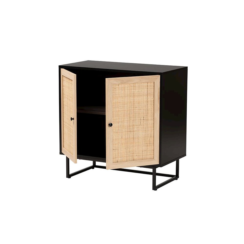 Espresso Brown Finished Wood and Natural Rattan 2-Door Storage Cabinet. Picture 2