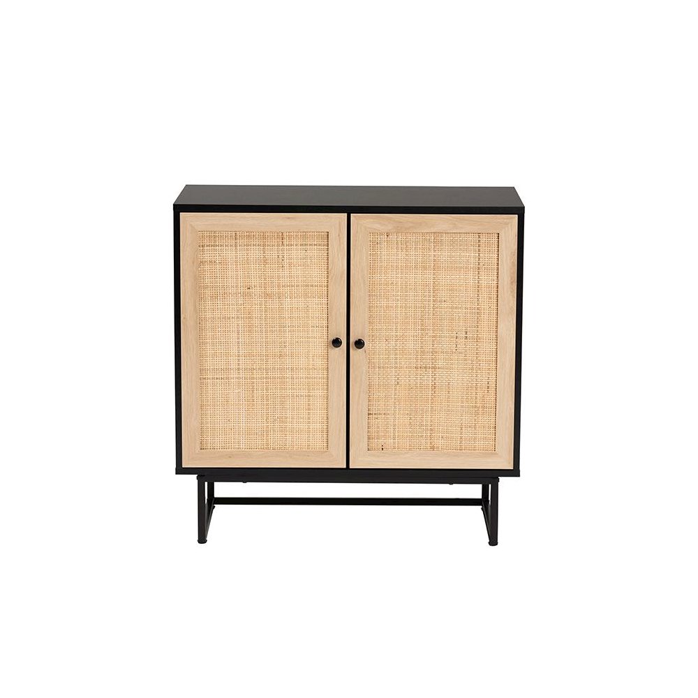 Espresso Brown Finished Wood and Natural Rattan 2-Door Storage Cabinet. Picture 3