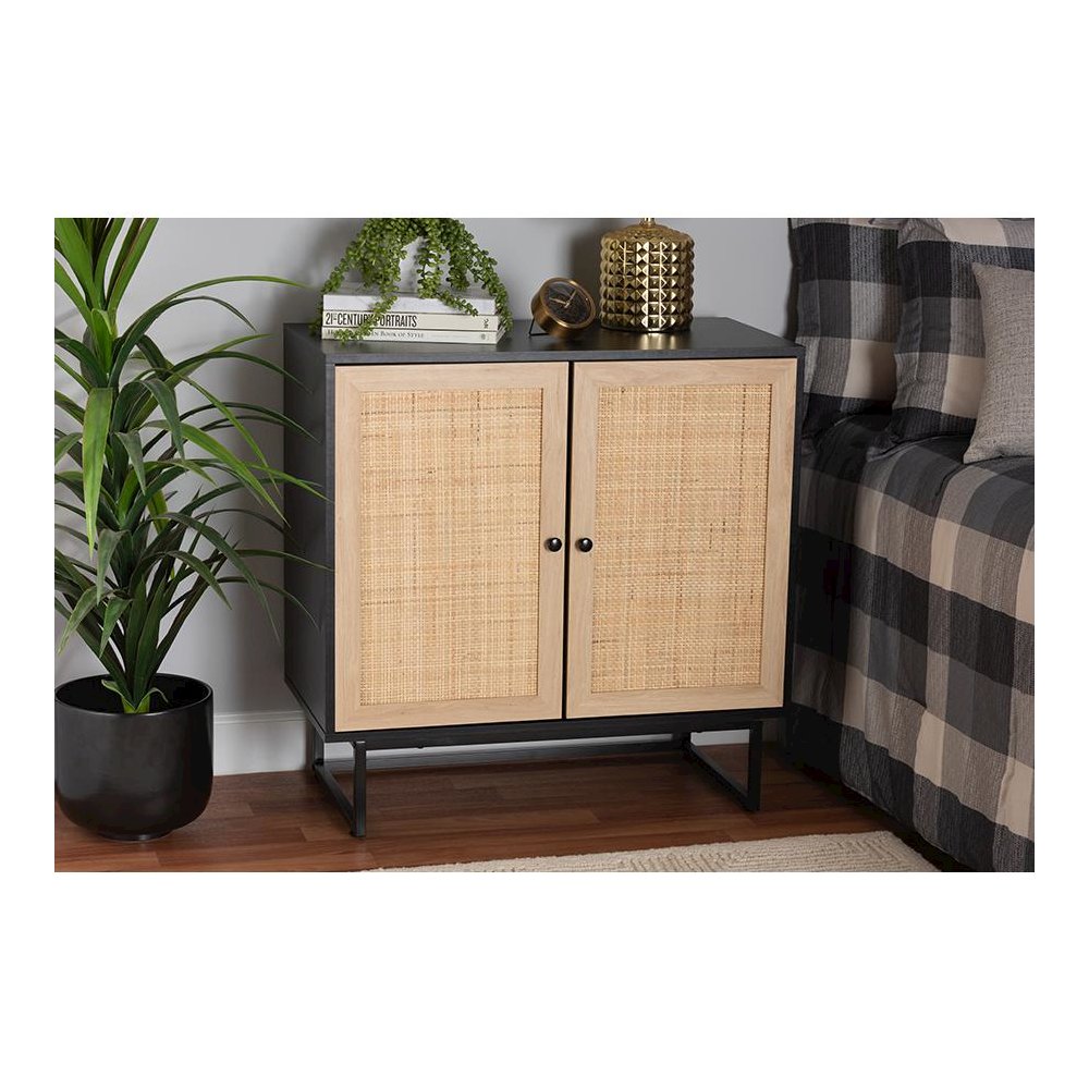 Espresso Brown Finished Wood and Natural Rattan 2-Door Storage Cabinet. Picture 8