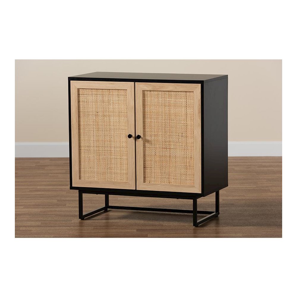 Espresso Brown Finished Wood and Natural Rattan 2-Door Storage Cabinet. Picture 9