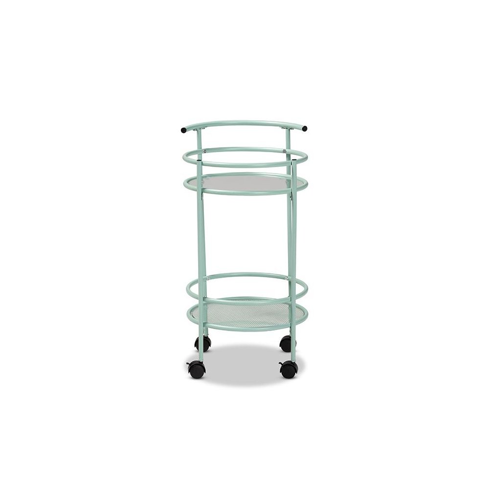 Newell Mid-Century Modern Mint Green Finished Metal 2-Tier Kitchen Cart. Picture 2