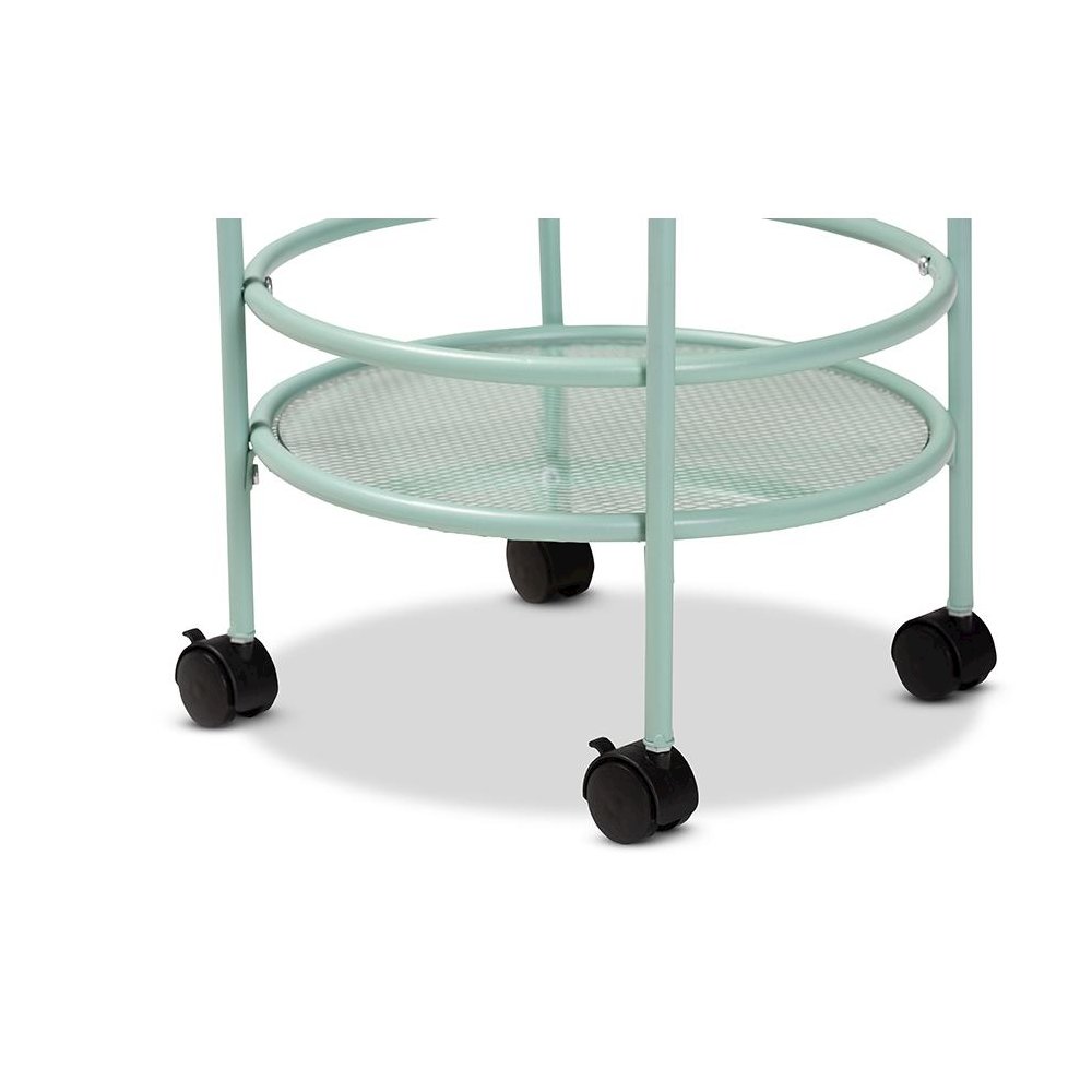 Newell Mid-Century Modern Mint Green Finished Metal 2-Tier Kitchen Cart. Picture 5