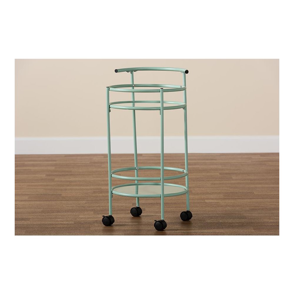 Newell Mid-Century Modern Mint Green Finished Metal 2-Tier Kitchen Cart. Picture 7