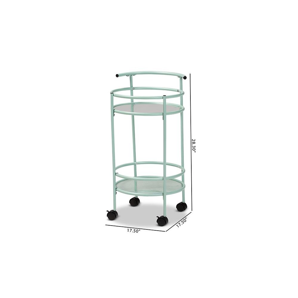 Newell Mid-Century Modern Mint Green Finished Metal 2-Tier Kitchen Cart. Picture 8