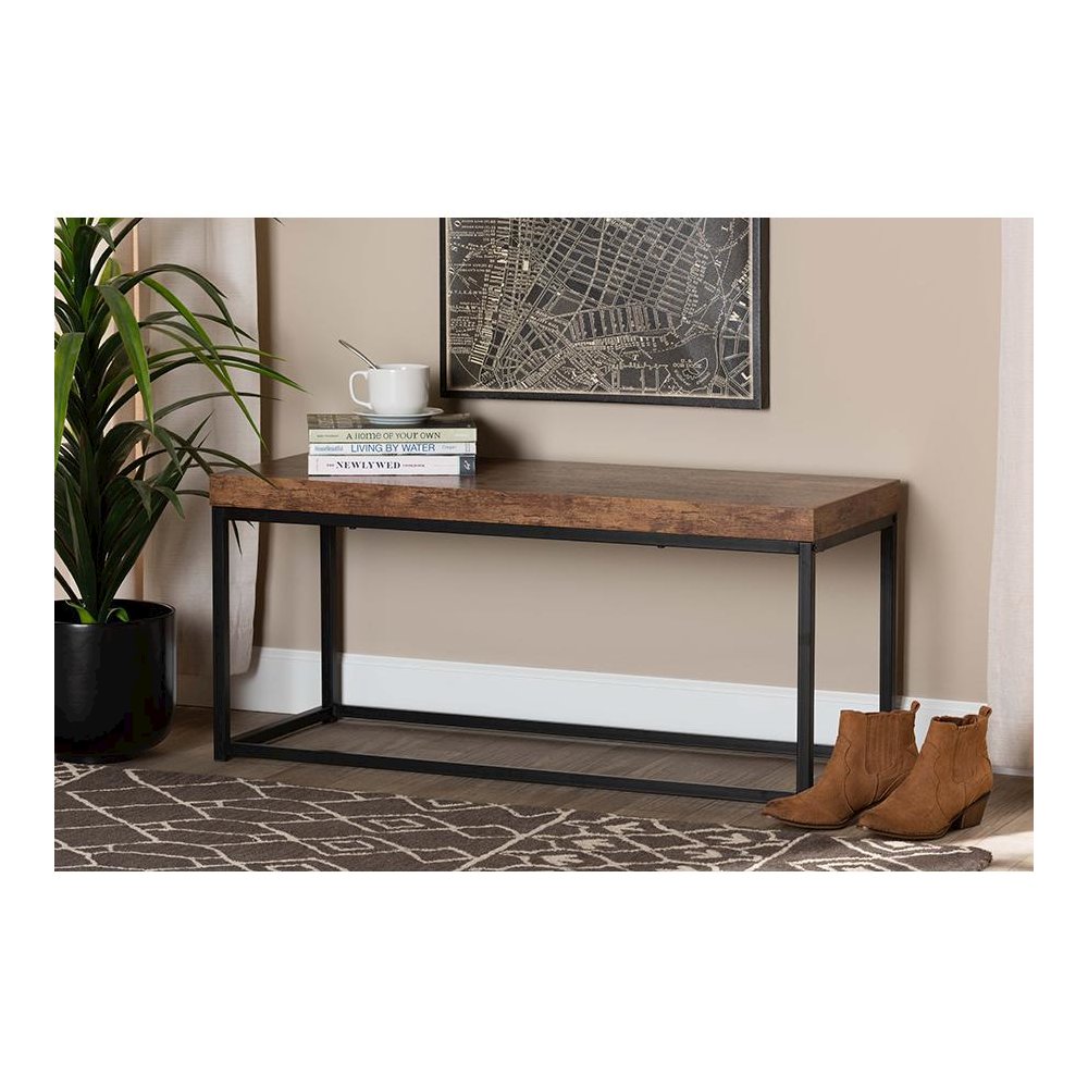 Bardot Modern Industrial Walnut Brown Finished Wood and Black Metal Accent Bench. Picture 6