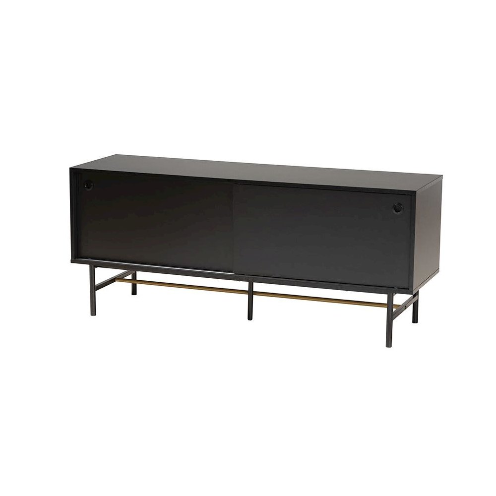 Dark Brown Finished Wood and Two-Tone Black and Gold Metal TV Stand. Picture 1