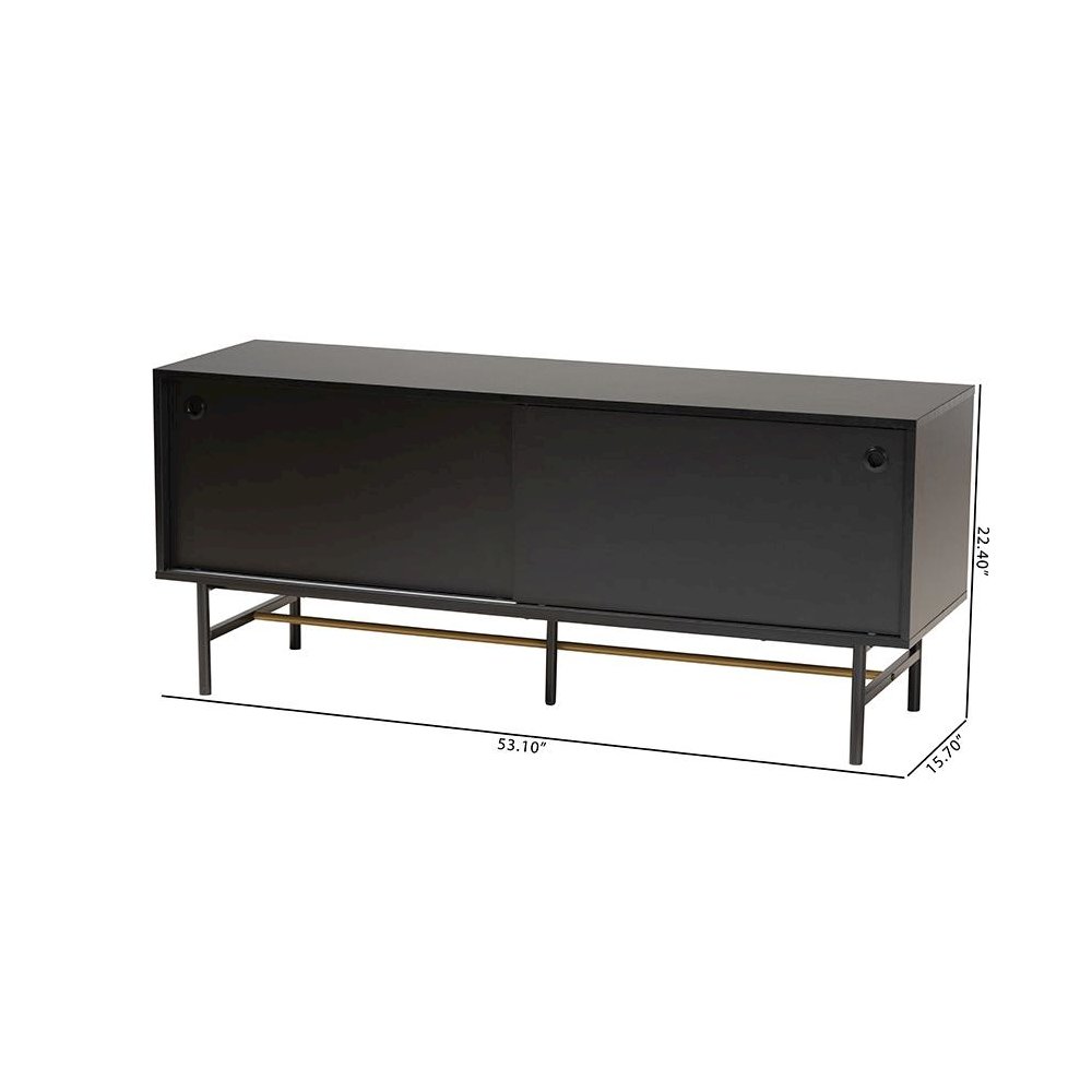 Dark Brown Finished Wood and Two-Tone Black and Gold Metal TV Stand. Picture 10