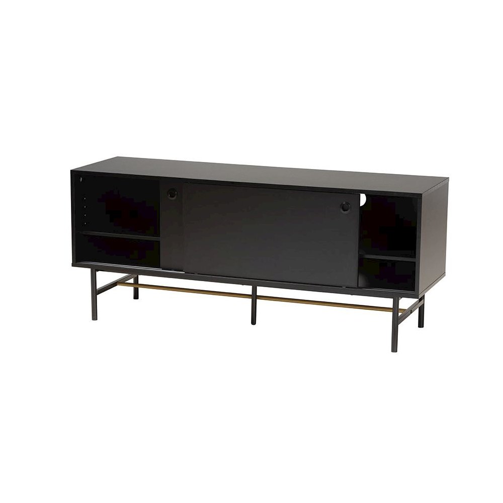Dark Brown Finished Wood and Two-Tone Black and Gold Metal TV Stand. Picture 2