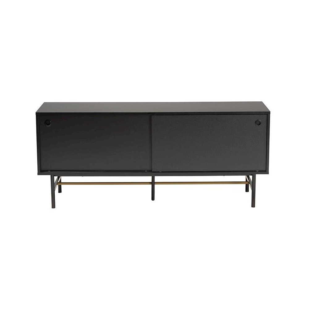 Dark Brown Finished Wood and Two-Tone Black and Gold Metal TV Stand. Picture 3