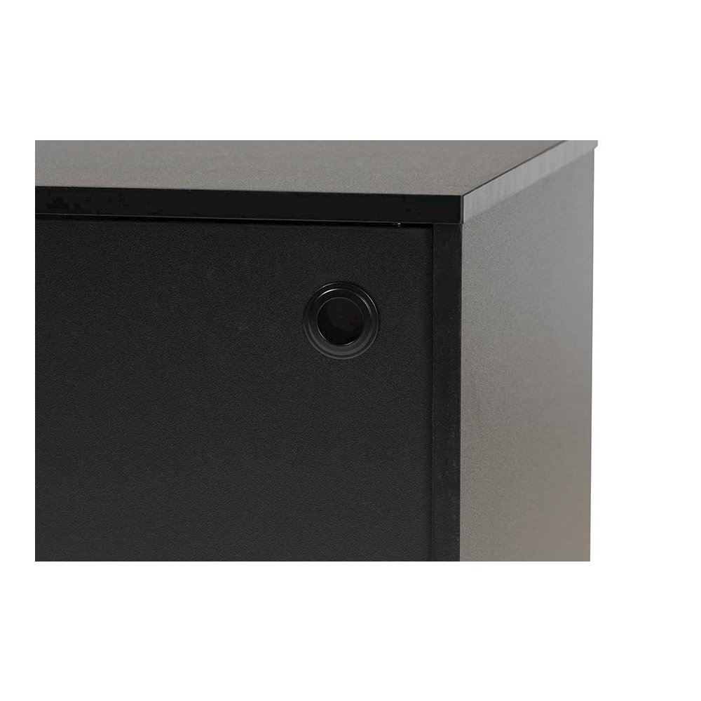 Dark Brown Finished Wood and Two-Tone Black and Gold Metal TV Stand. Picture 5