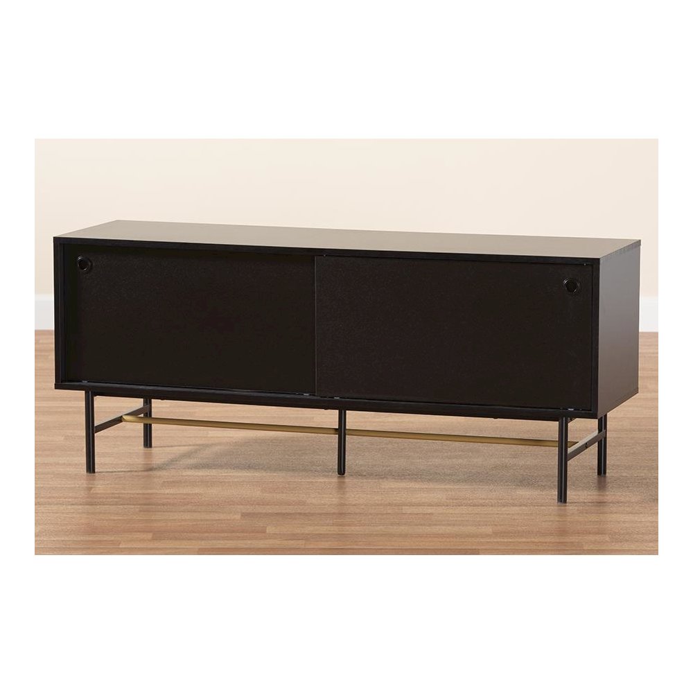 Dark Brown Finished Wood and Two-Tone Black and Gold Metal TV Stand. Picture 9