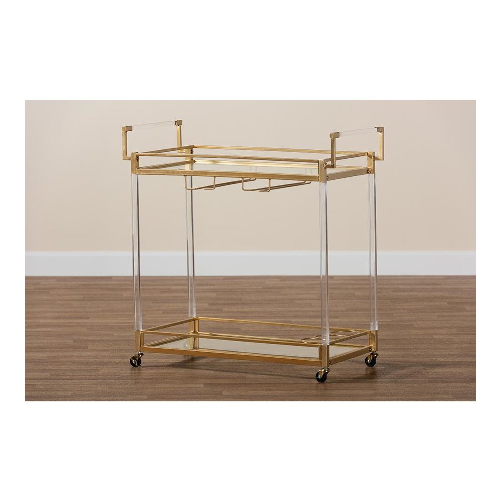 Baxton Studio Savannah Contemporary Glam and Luxe Gold Metal and Glass Wine Cart. Picture 10