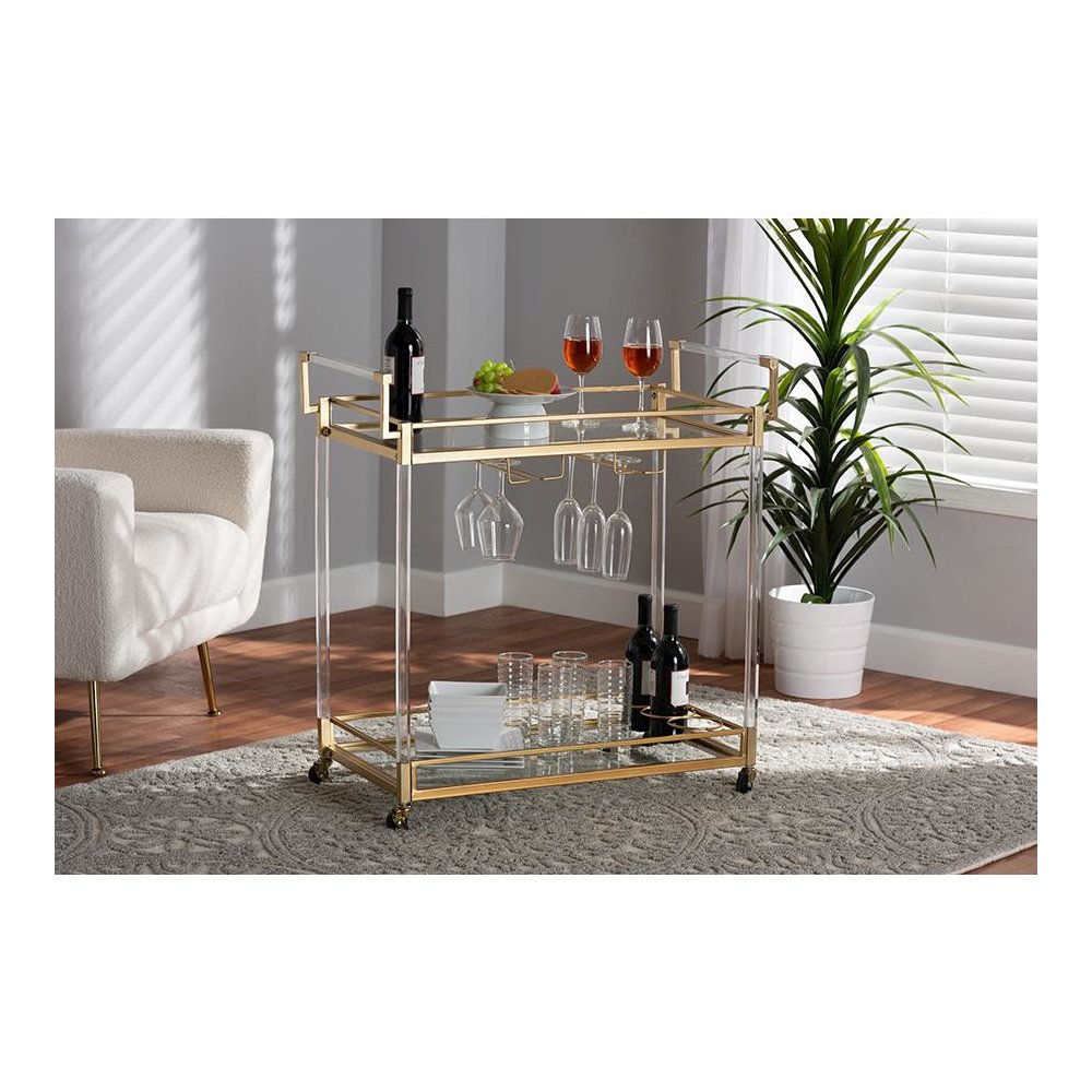 Baxton Studio Savannah Contemporary Glam and Luxe Gold Metal and Glass Wine Cart. Picture 9