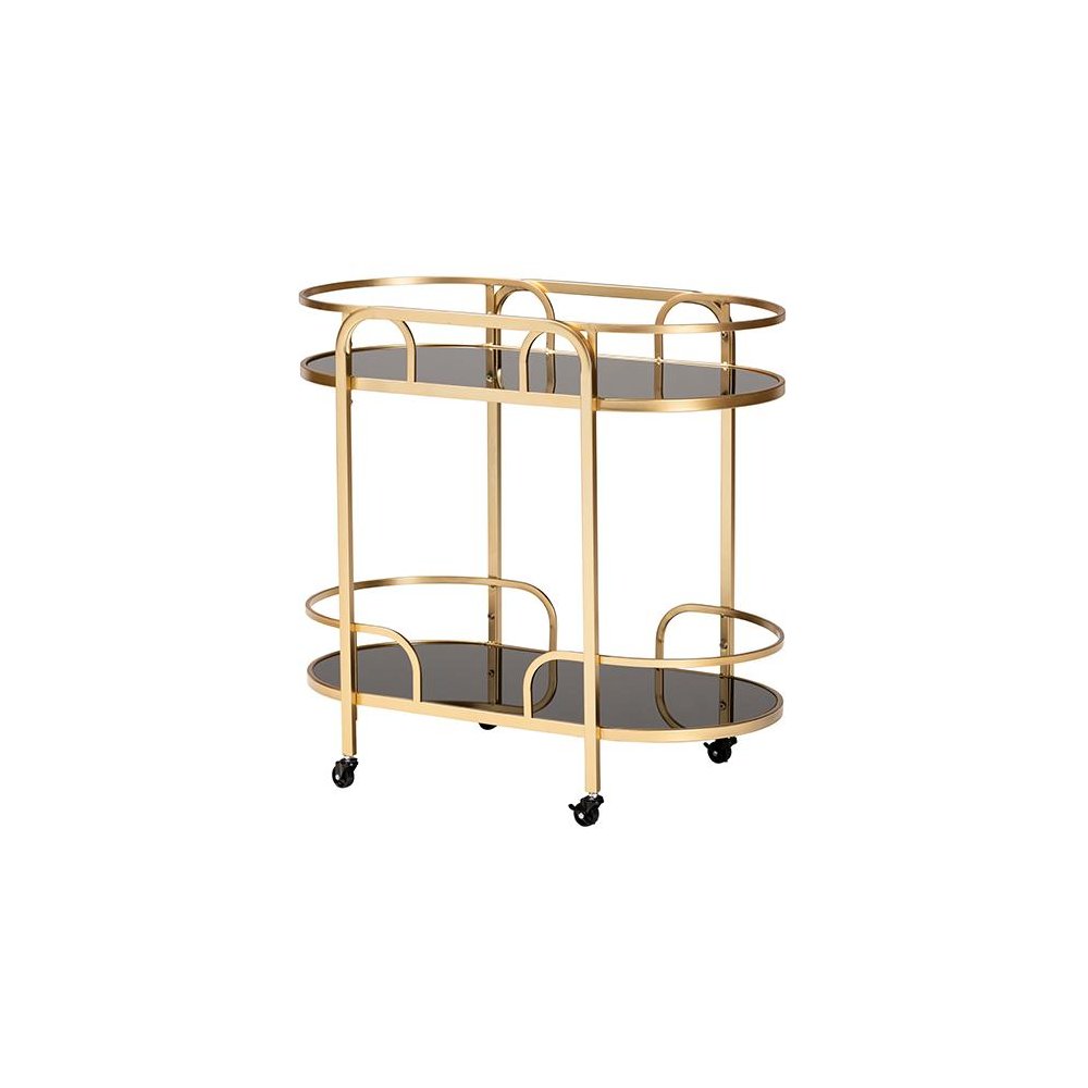 Glam and Luxe Gold Metal and Tempered Glass 2-Tier Wine Cart. Picture 1