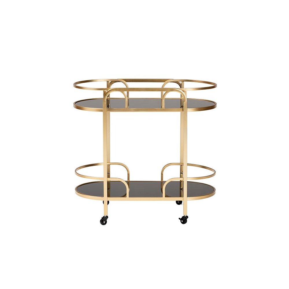 Glam and Luxe Gold Metal and Tempered Glass 2-Tier Wine Cart. Picture 2