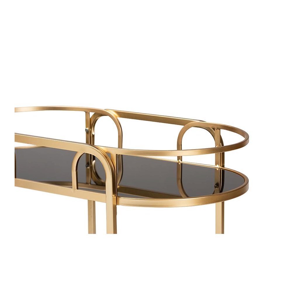 Glam and Luxe Gold Metal and Tempered Glass 2-Tier Wine Cart. Picture 4