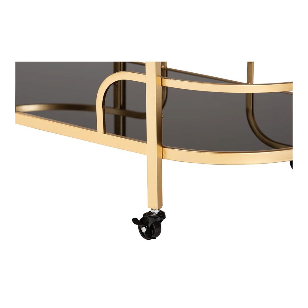 Glam and Luxe Gold Metal and Tempered Glass 2-Tier Wine Cart. Picture 5