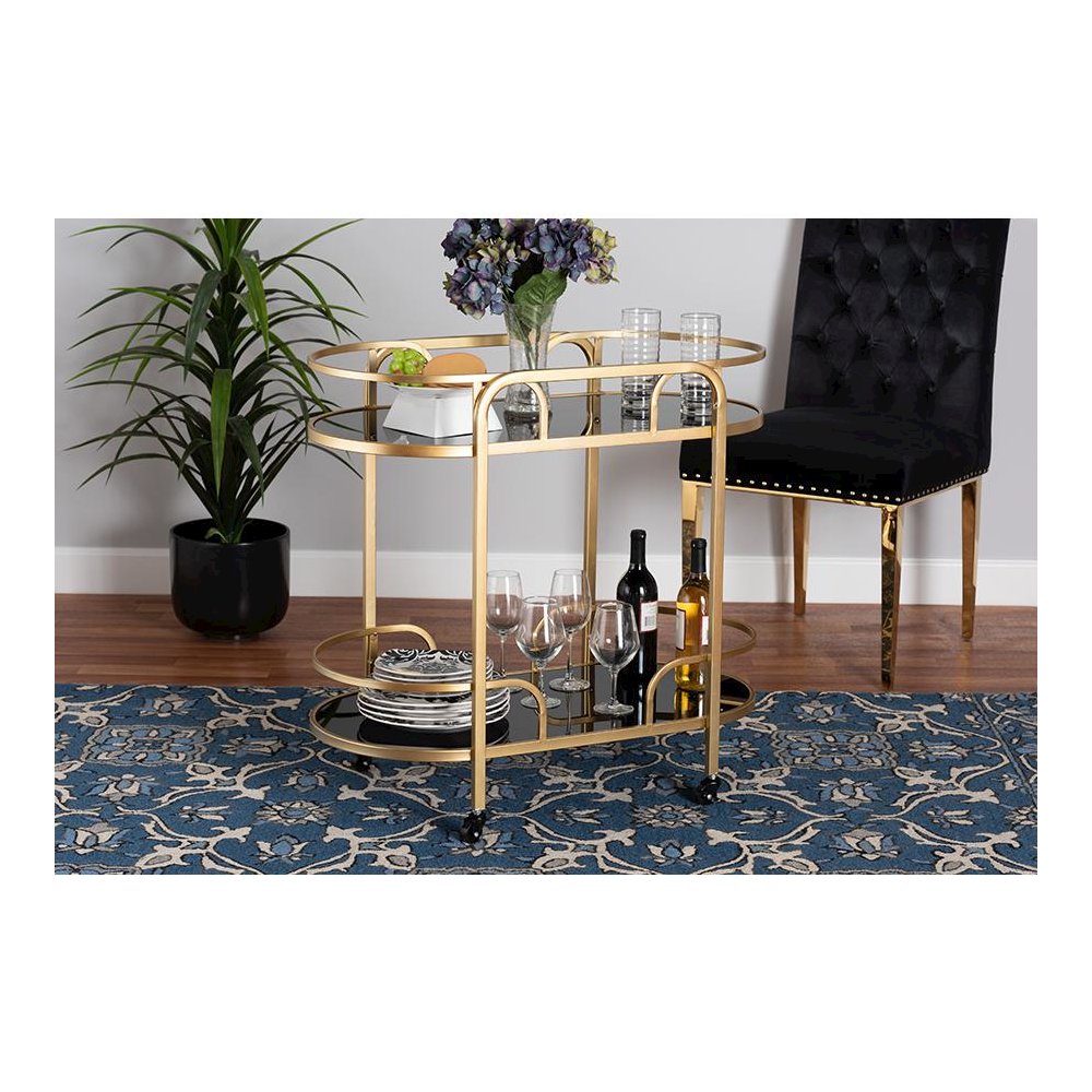 Glam and Luxe Gold Metal and Tempered Glass 2-Tier Wine Cart. Picture 6