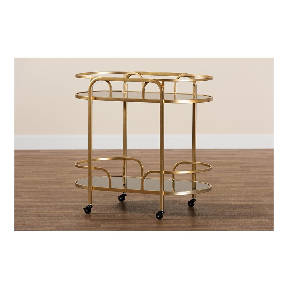 Glam and Luxe Gold Metal and Tempered Glass 2-Tier Wine Cart. Picture 7