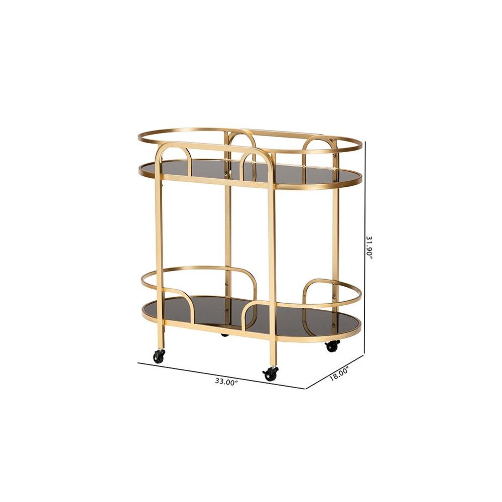 Glam and Luxe Gold Metal and Tempered Glass 2-Tier Wine Cart. Picture 8