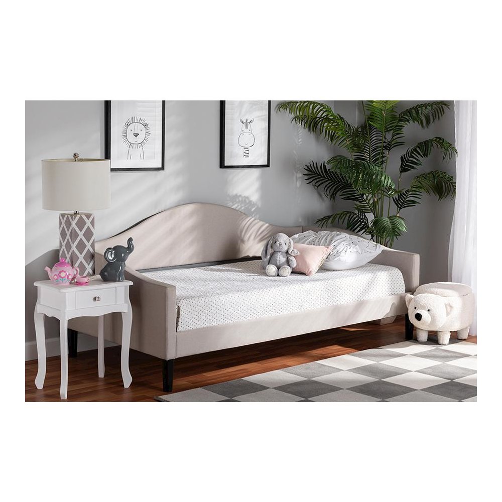 Beige Fabric Upholstered and Dark Brown Finished Wood Full Size Daybed. Picture 7