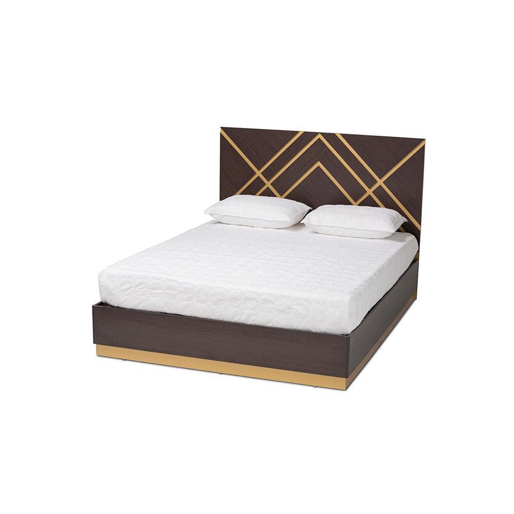 Glam and Luxe Two-Tone Dark Brown and Gold Finished Wood Queen Size Platform Bed. Picture 1