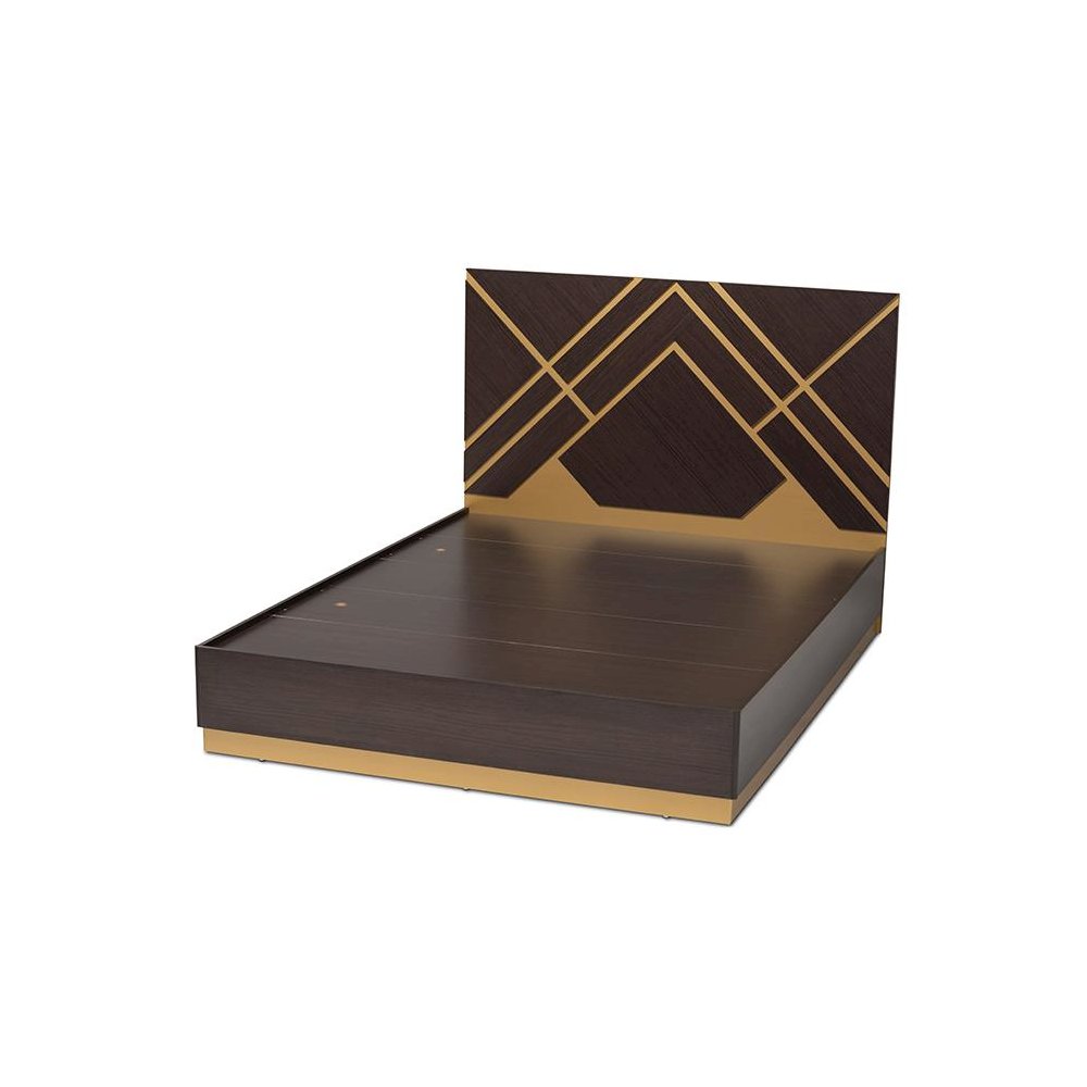 Glam and Luxe Two-Tone Dark Brown and Gold Finished Wood Queen Size Platform Bed. Picture 2