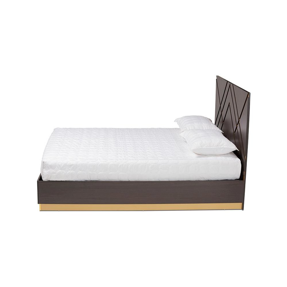 Glam and Luxe Two-Tone Dark Brown and Gold Finished Wood Queen Size Platform Bed. Picture 3