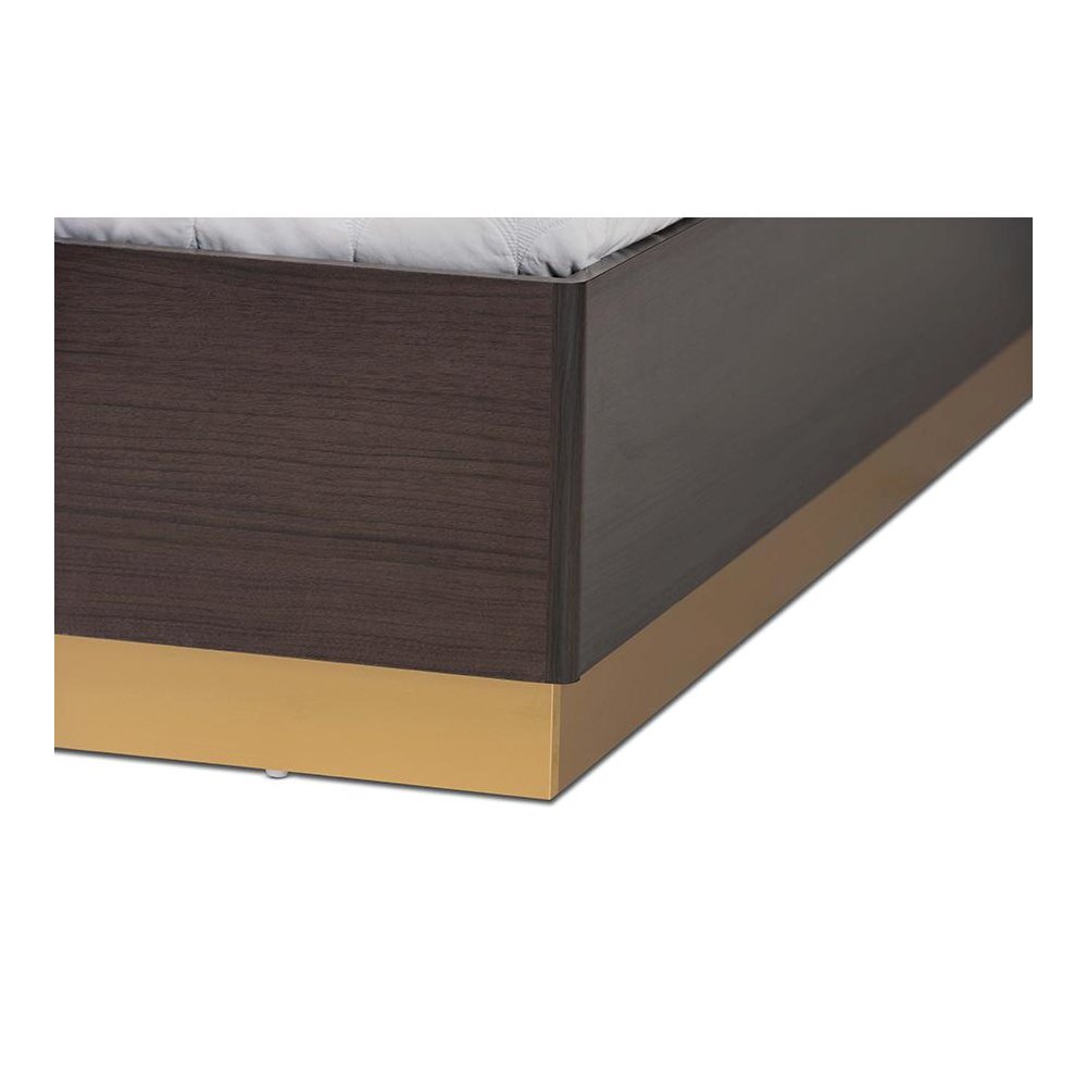 Glam and Luxe Two-Tone Dark Brown and Gold Finished Wood Queen Size Platform Bed. Picture 5