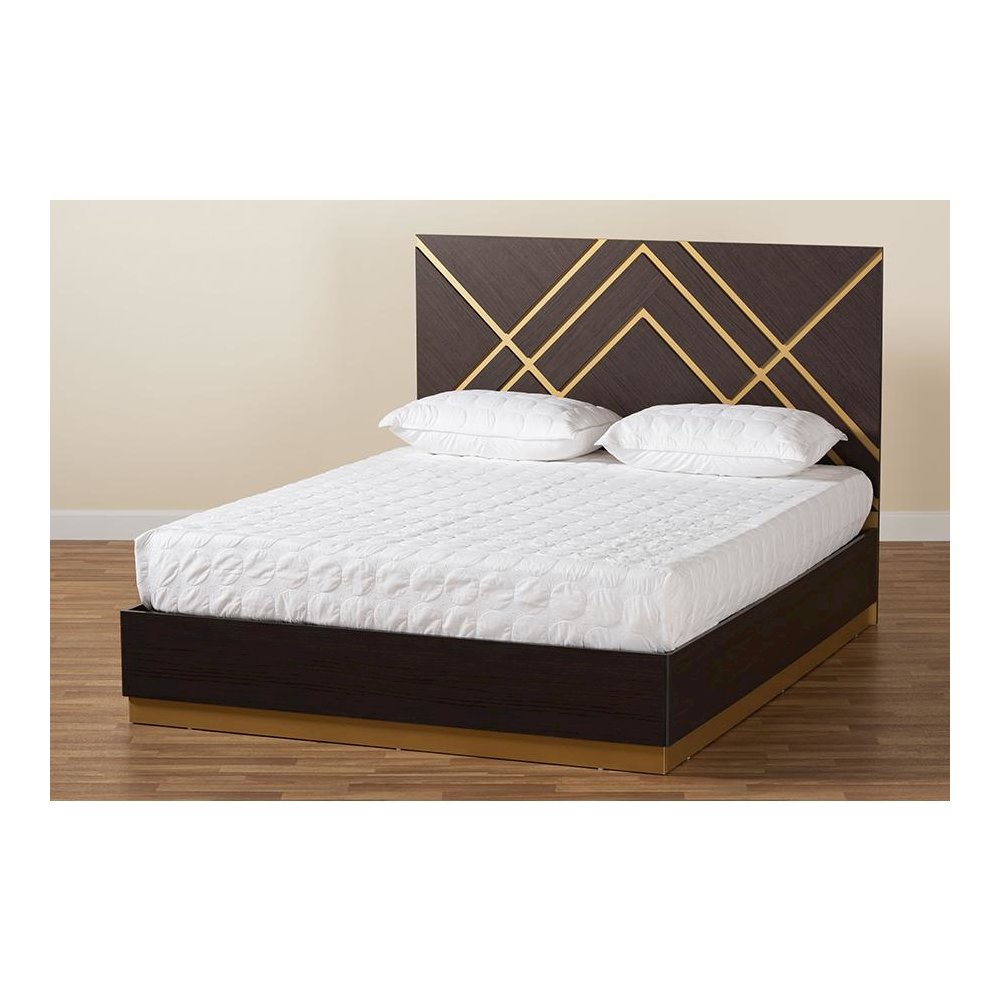 Glam and Luxe Two-Tone Dark Brown and Gold Finished Wood Queen Size Platform Bed. Picture 8