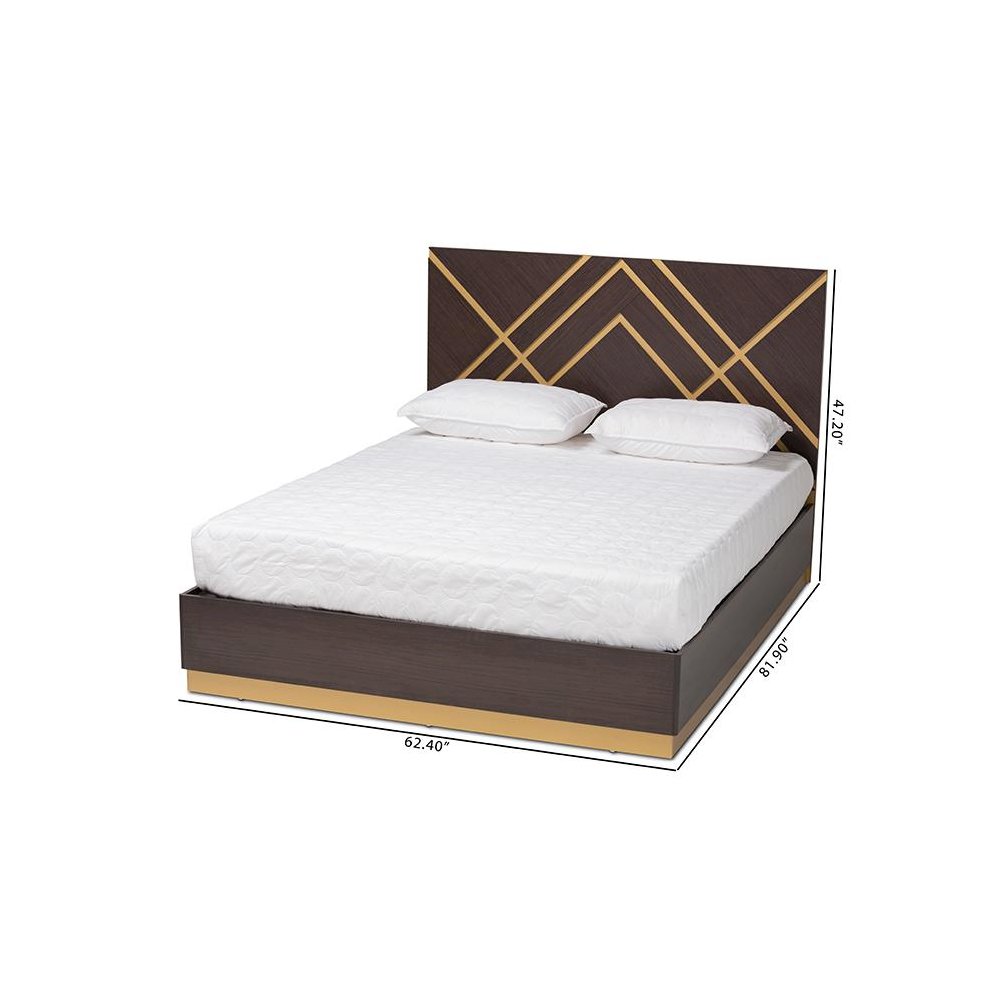 Glam and Luxe Two-Tone Dark Brown and Gold Finished Wood Queen Size Platform Bed. Picture 9